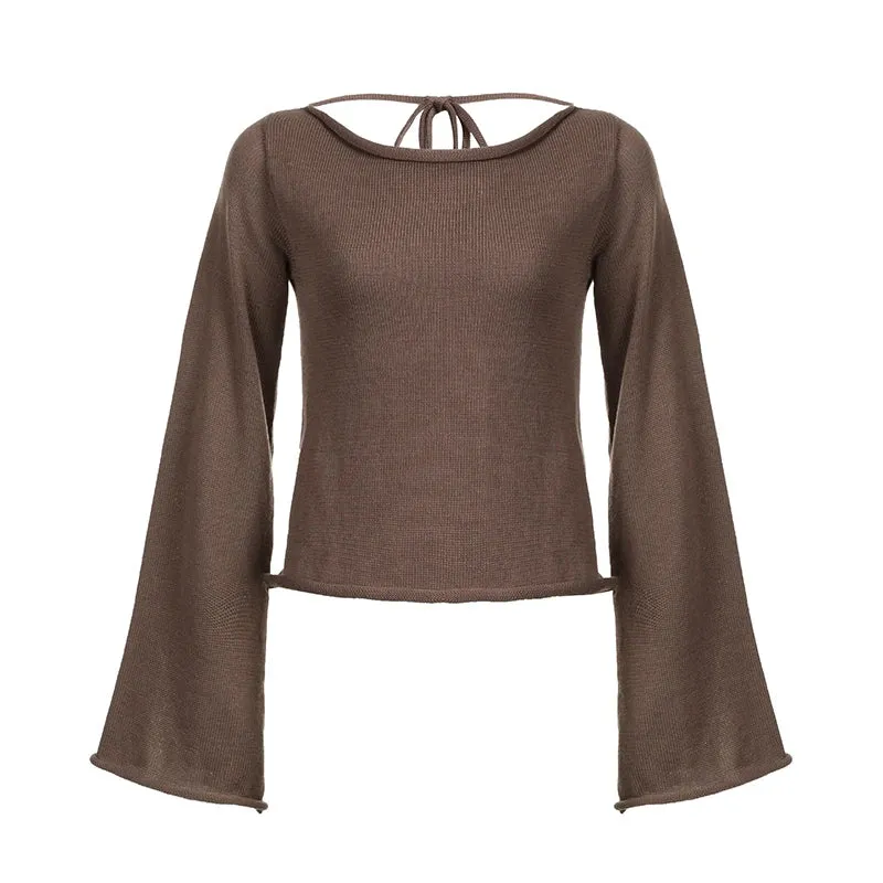 Vintage Flare Sleeve Knitted Backless Tie Up Back Sweater for Women Loose Y2K Aesthetic Pullover Sweater