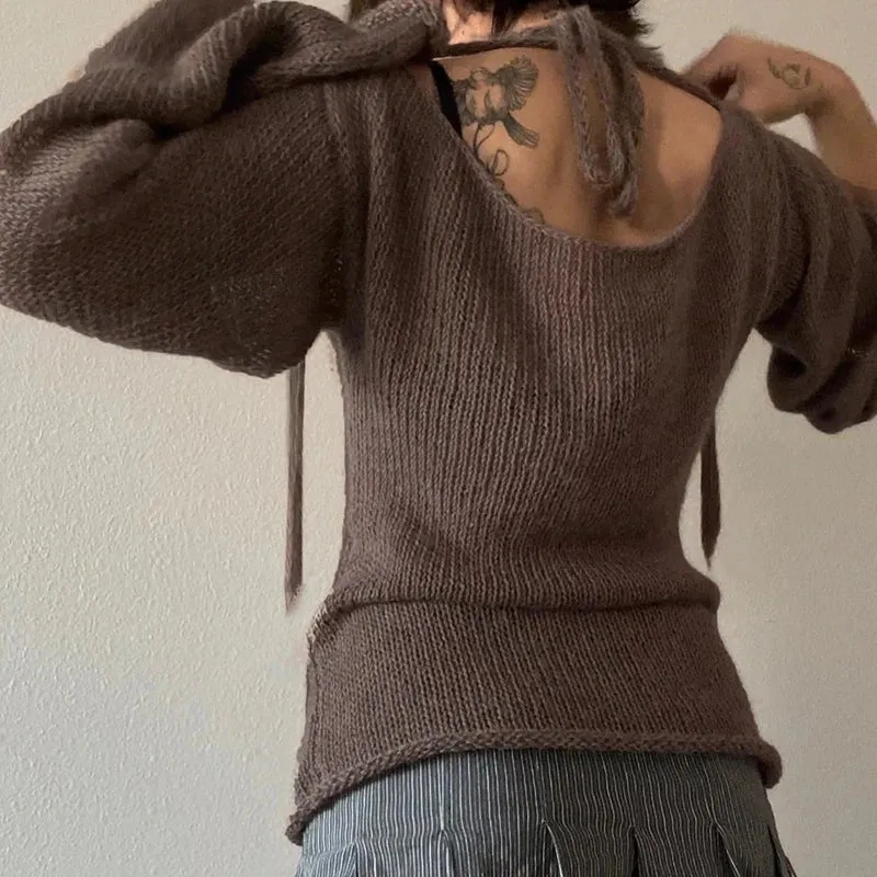 Vintage Flare Sleeve Knitted Backless Tie Up Back Sweater for Women Loose Y2K Aesthetic Pullover Sweater