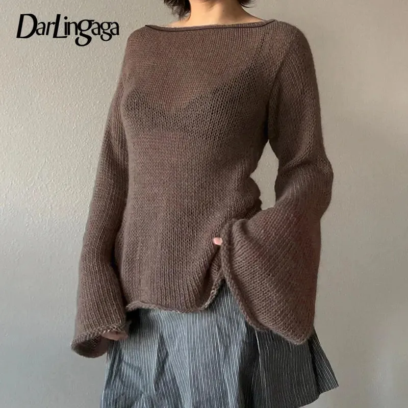 Vintage Flare Sleeve Knitted Backless Tie Up Back Sweater for Women Loose Y2K Aesthetic Pullover Sweater