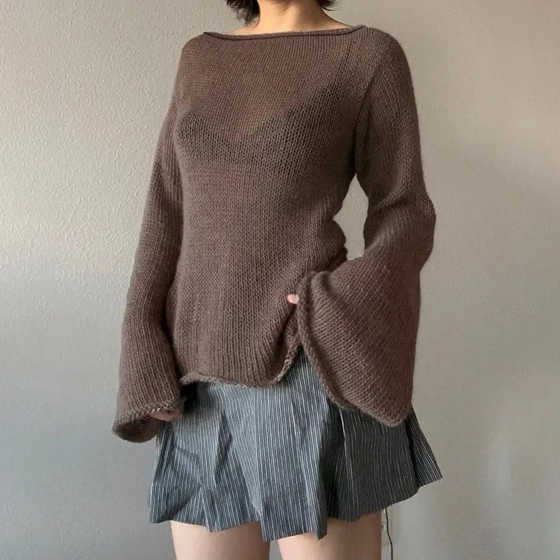 Vintage Flare Sleeve Knitted Backless Tie Up Back Sweater for Women Loose Y2K Aesthetic Pullover Sweater