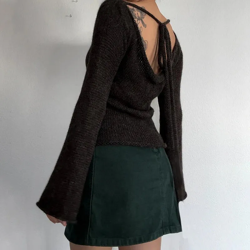 Vintage Flare Sleeve Knitted Backless Tie Up Back Sweater for Women Loose Y2K Aesthetic Pullover Sweater