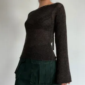Vintage Flare Sleeve Knitted Backless Tie Up Back Sweater for Women Loose Y2K Aesthetic Pullover Sweater