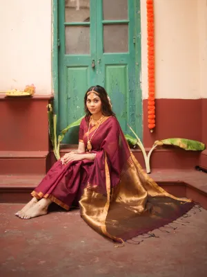 Wine Cotton Handloom Saree with Bronze Pallu with Blouse Fabric