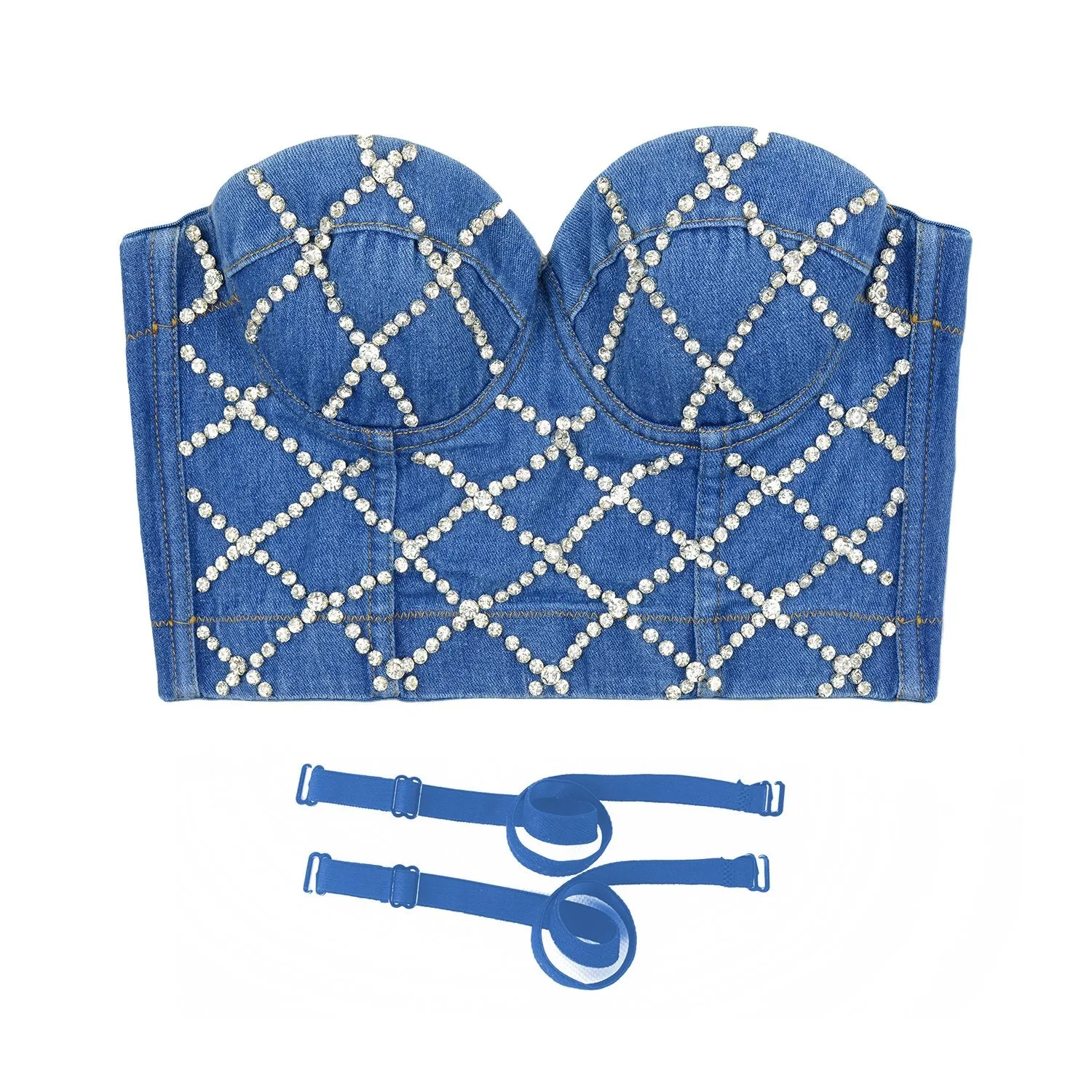 Women Criss Cross Rhinestone Denim Bustier Crop Top Corset Bra Blue