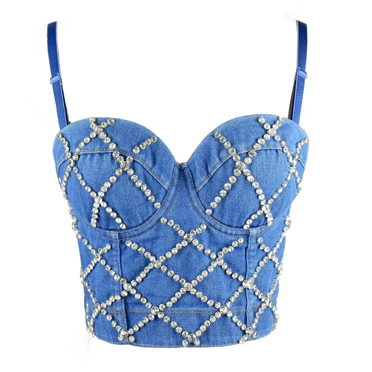 Women Criss Cross Rhinestone Denim Bustier Crop Top Corset Bra Blue