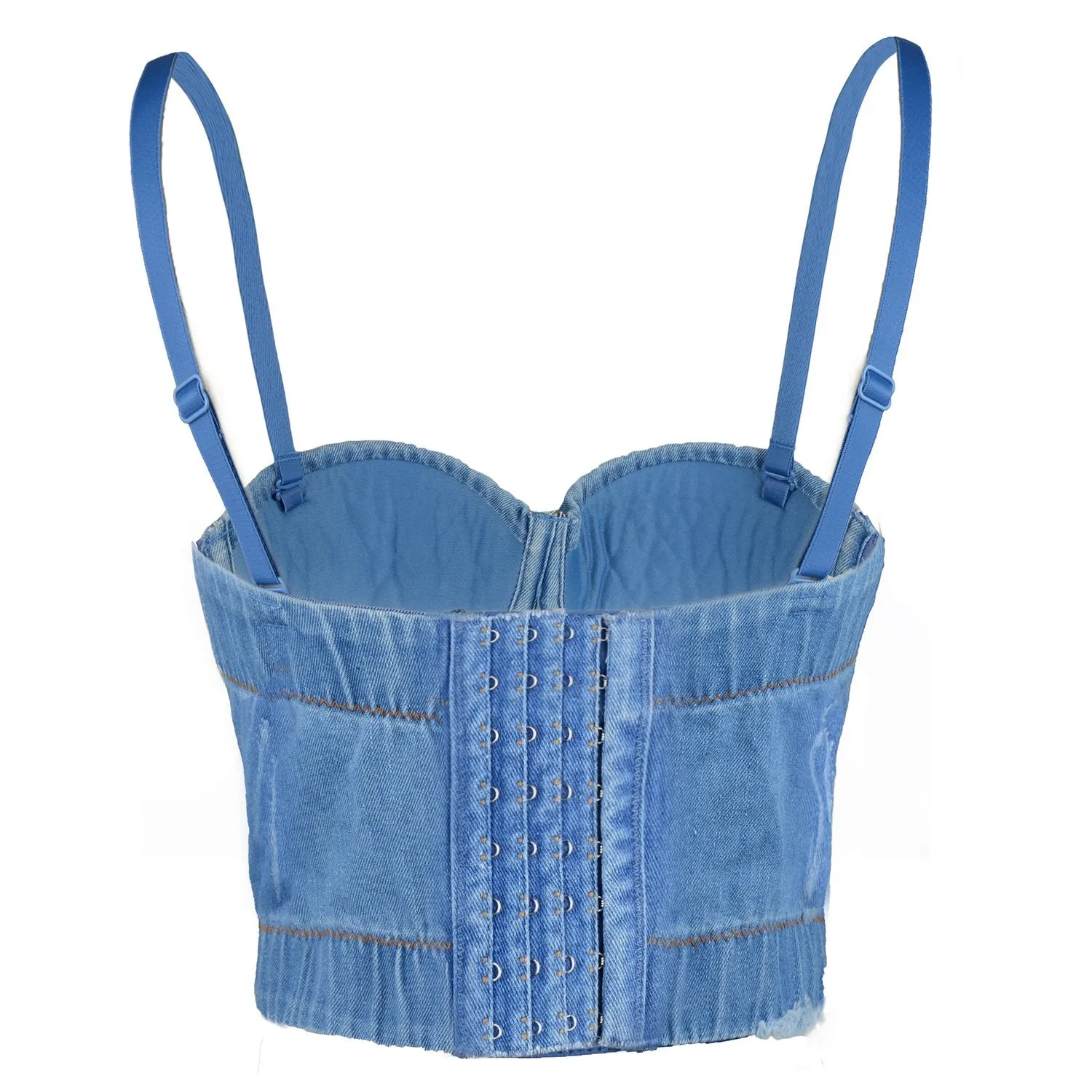Women Criss Cross Rhinestone Denim Bustier Crop Top Corset Bra Blue