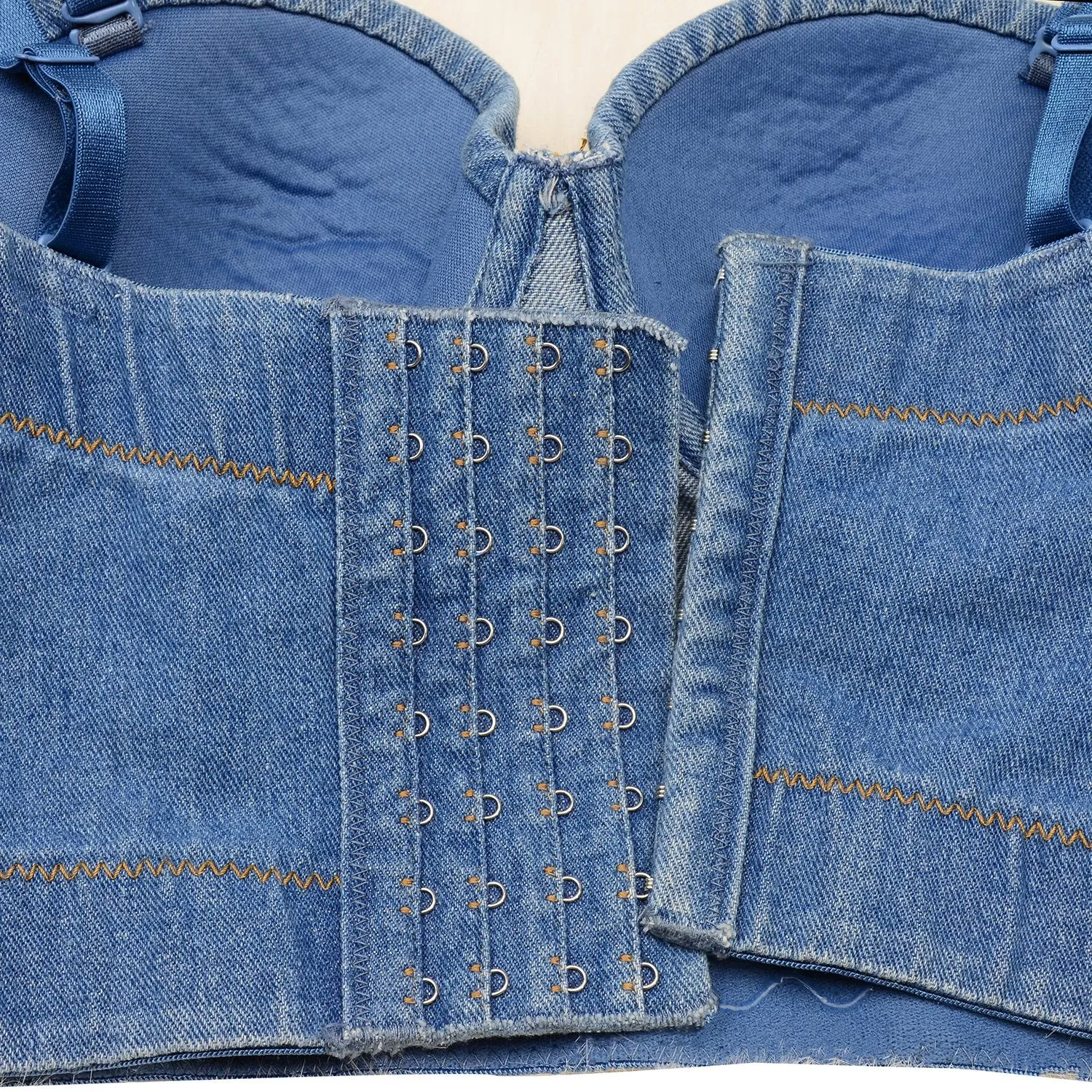 Women Criss Cross Rhinestone Denim Bustier Crop Top Corset Bra Blue