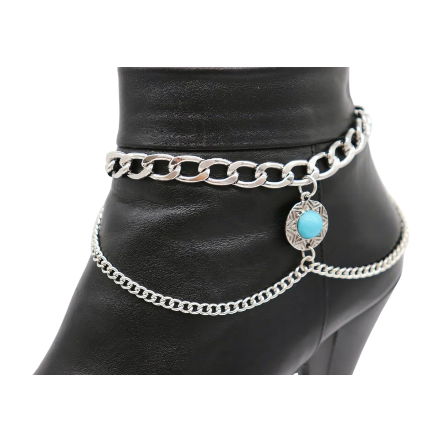 Women Silver Metal Boot Chain Bracelet Shoe Anklet Wave Turquoise Coin Charm