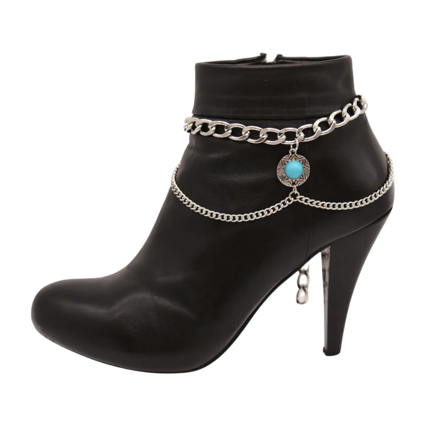 Women Silver Metal Boot Chain Bracelet Shoe Anklet Wave Turquoise Coin Charm