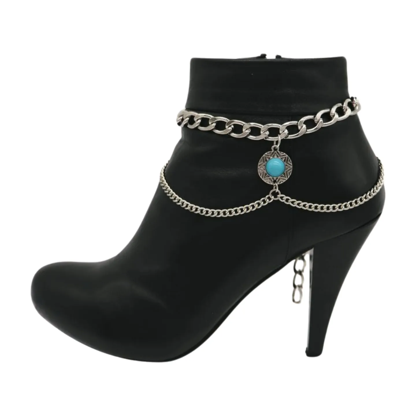 Women Silver Metal Boot Chain Bracelet Shoe Anklet Wave Turquoise Coin Charm