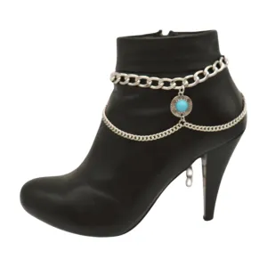 Women Silver Metal Boot Chain Bracelet Shoe Anklet Wave Turquoise Coin Charm