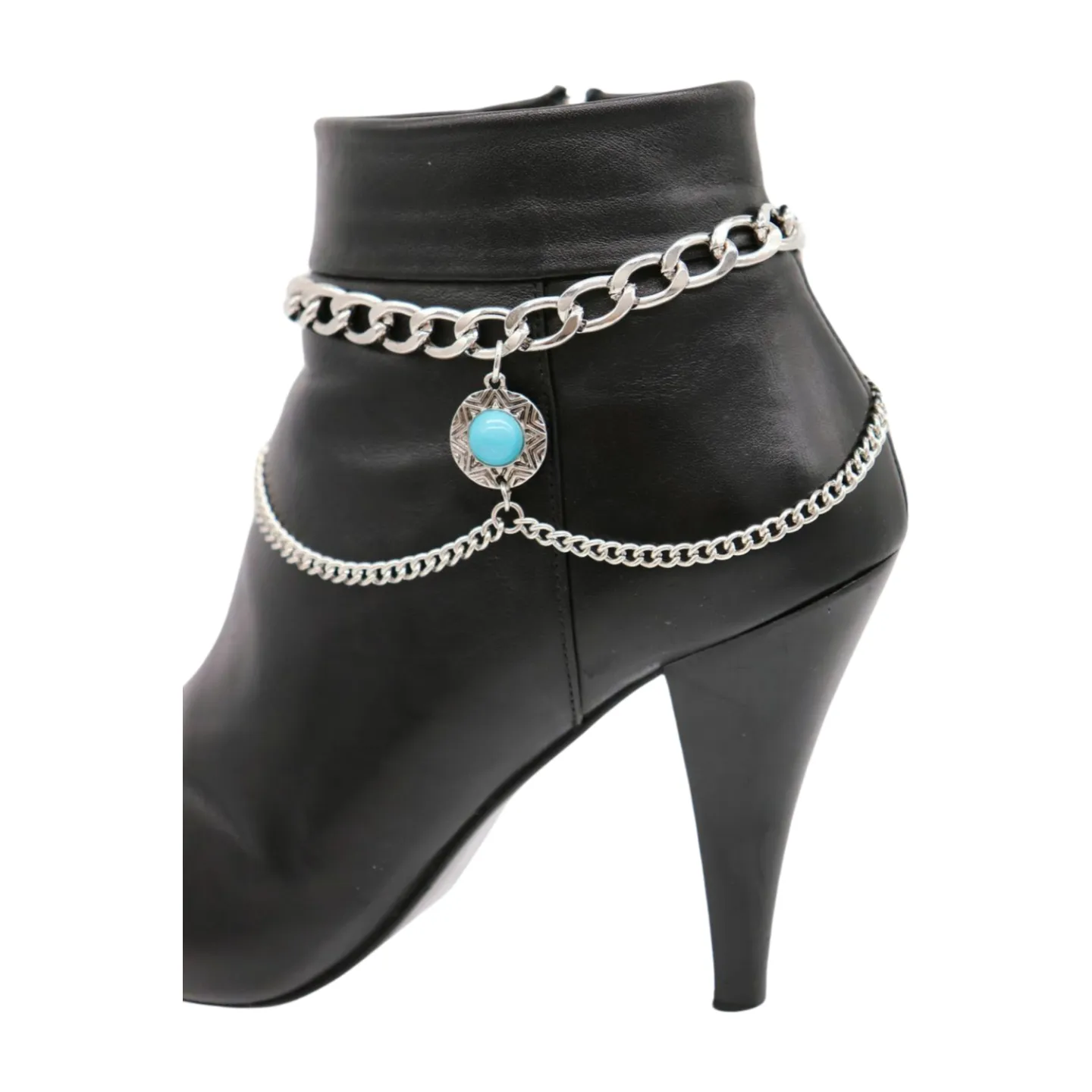 Women Silver Metal Boot Chain Bracelet Shoe Anklet Wave Turquoise Coin Charm