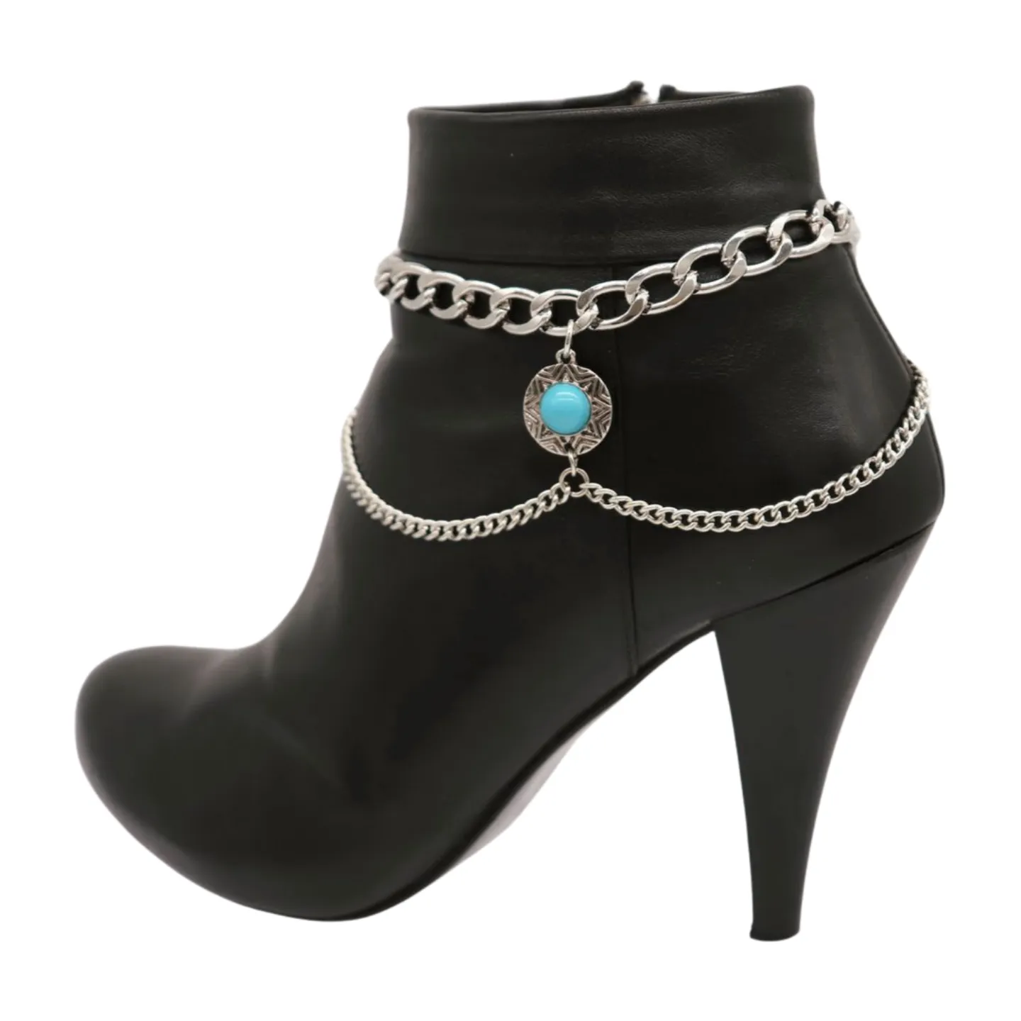 Women Silver Metal Boot Chain Bracelet Shoe Anklet Wave Turquoise Coin Charm