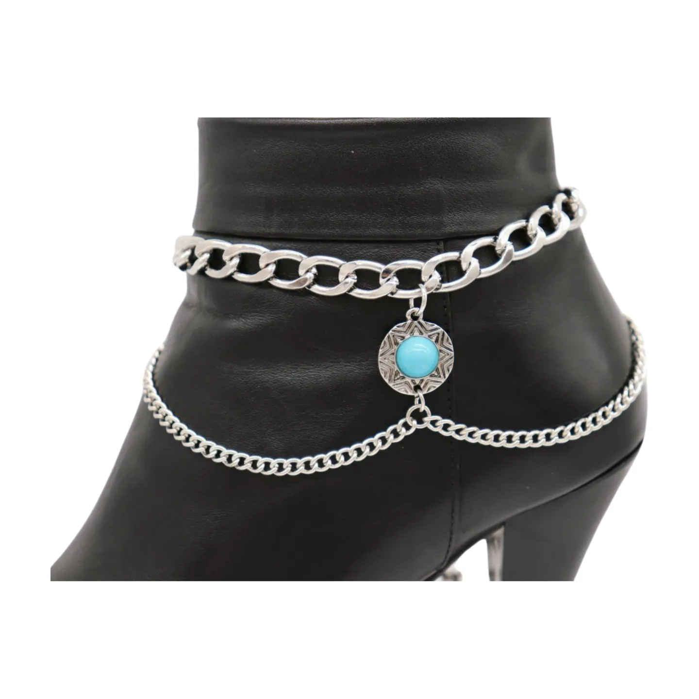 Women Silver Metal Boot Chain Bracelet Shoe Anklet Wave Turquoise Coin Charm