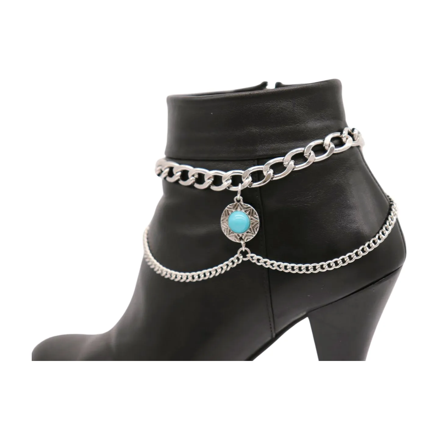 Women Silver Metal Boot Chain Bracelet Shoe Anklet Wave Turquoise Coin Charm