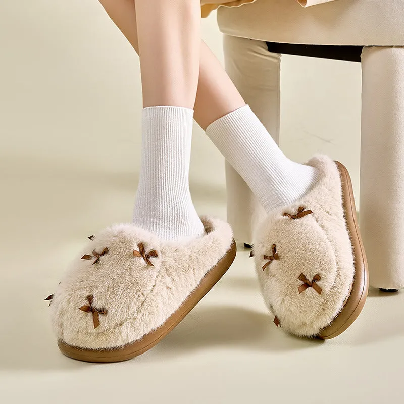 Women's Cute Plush Home Slippers Butterfly Knot Cotton Slippers