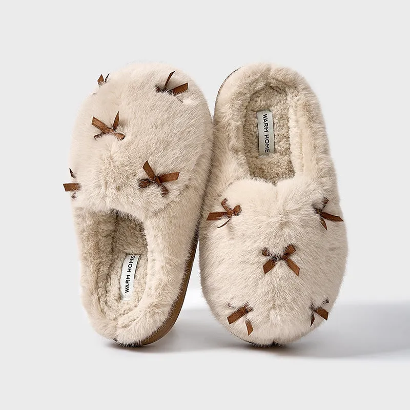 Women's Cute Plush Home Slippers Butterfly Knot Cotton Slippers