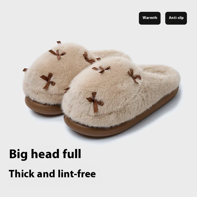 Women's Cute Plush Home Slippers Butterfly Knot Cotton Slippers