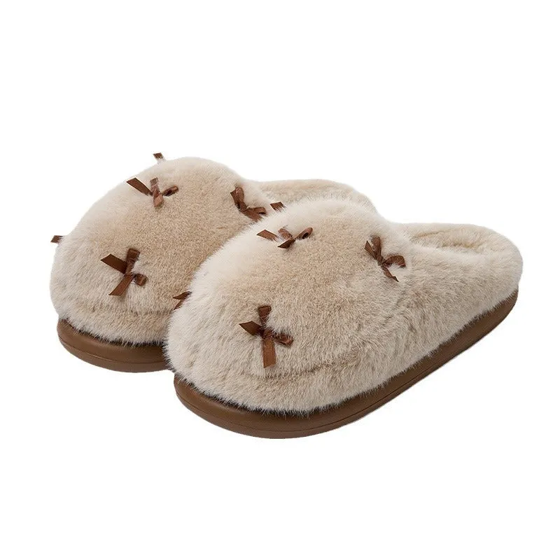 Women's Cute Plush Home Slippers Butterfly Knot Cotton Slippers
