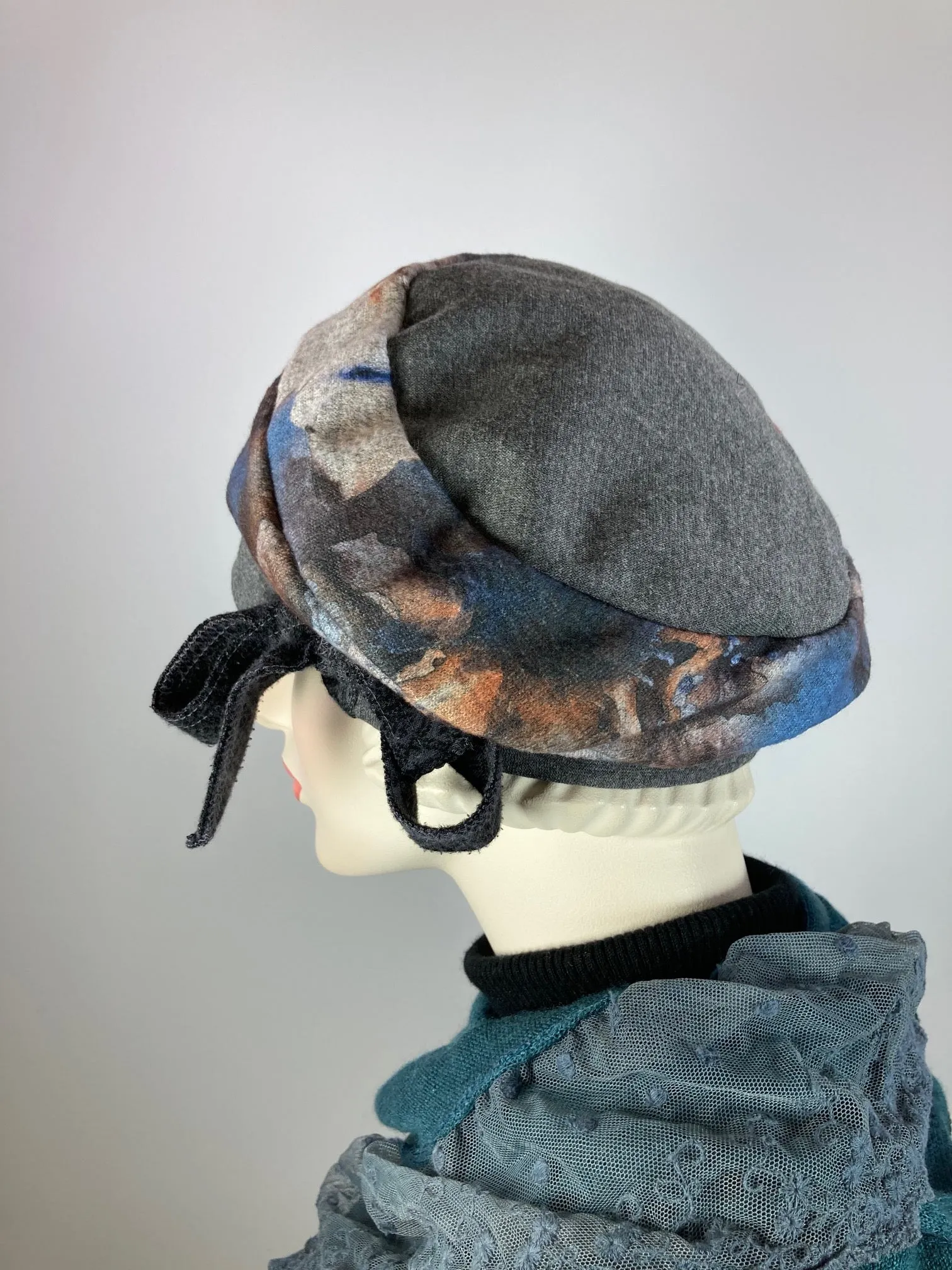 Womens Slouchy Beret. Knit gray rust blue Hat. Slouch Eco friendly Hat. Boho chic hat. Ladies comfy travel hat. Stylish soft fabric hat.
