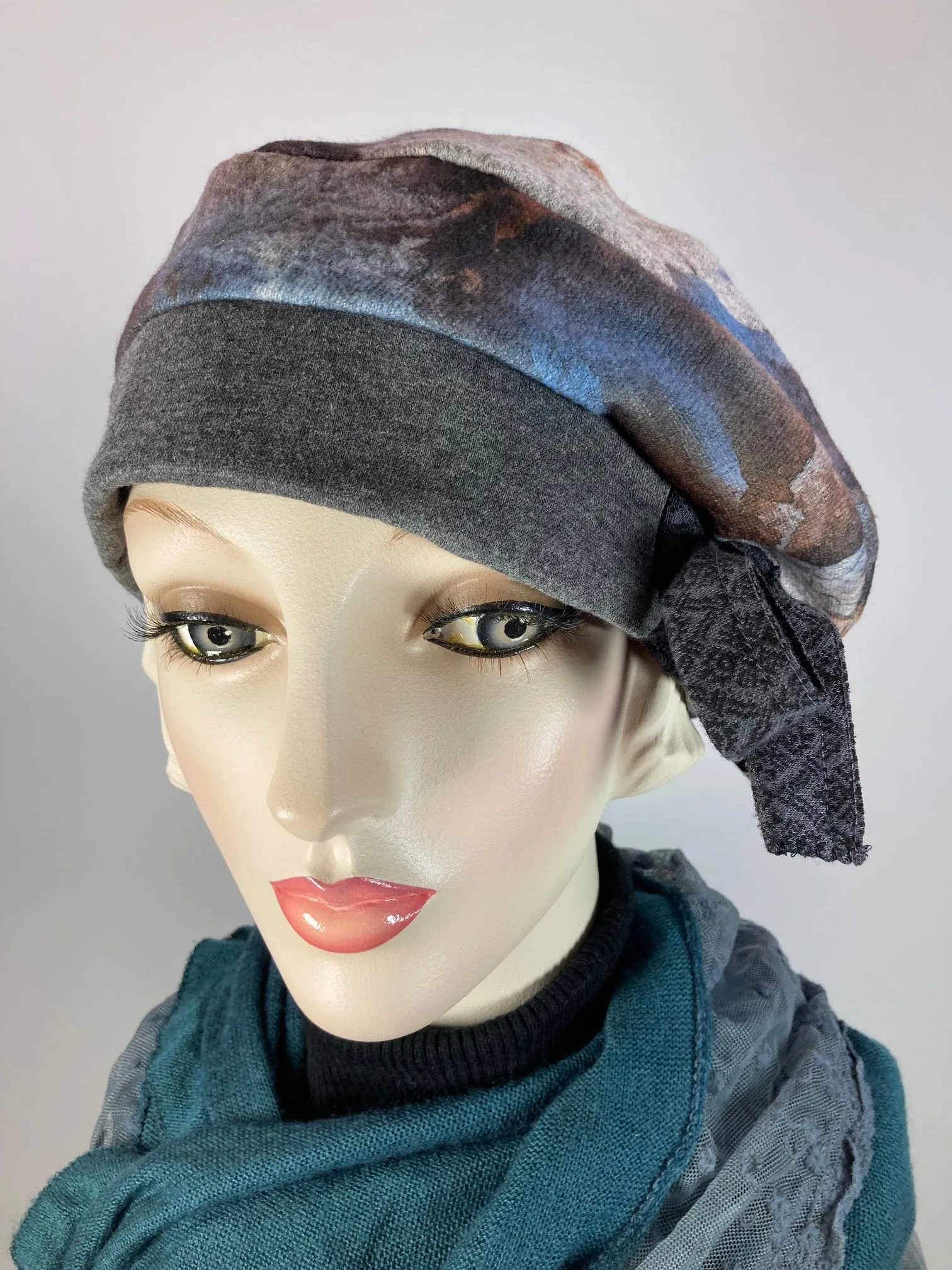 Womens Slouchy Beret. Knit gray rust blue Hat. Slouch Eco friendly Hat. Boho chic hat. Ladies comfy travel hat. Stylish soft fabric hat.
