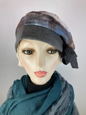 Womens Slouchy Beret. Knit gray rust blue Hat. Slouch Eco friendly Hat. Boho chic hat. Ladies comfy travel hat. Stylish soft fabric hat.
