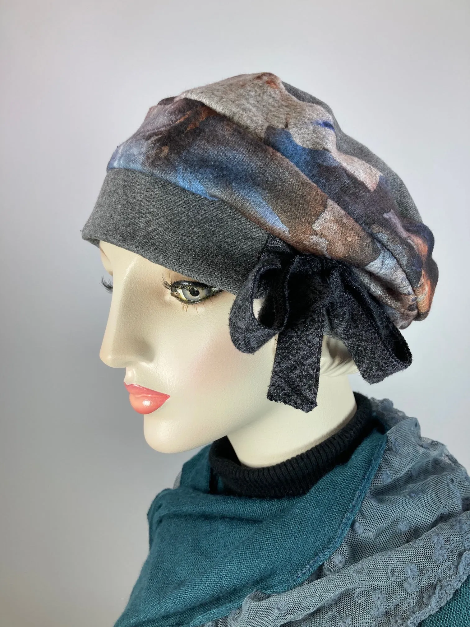 Womens Slouchy Beret. Knit gray rust blue Hat. Slouch Eco friendly Hat. Boho chic hat. Ladies comfy travel hat. Stylish soft fabric hat.