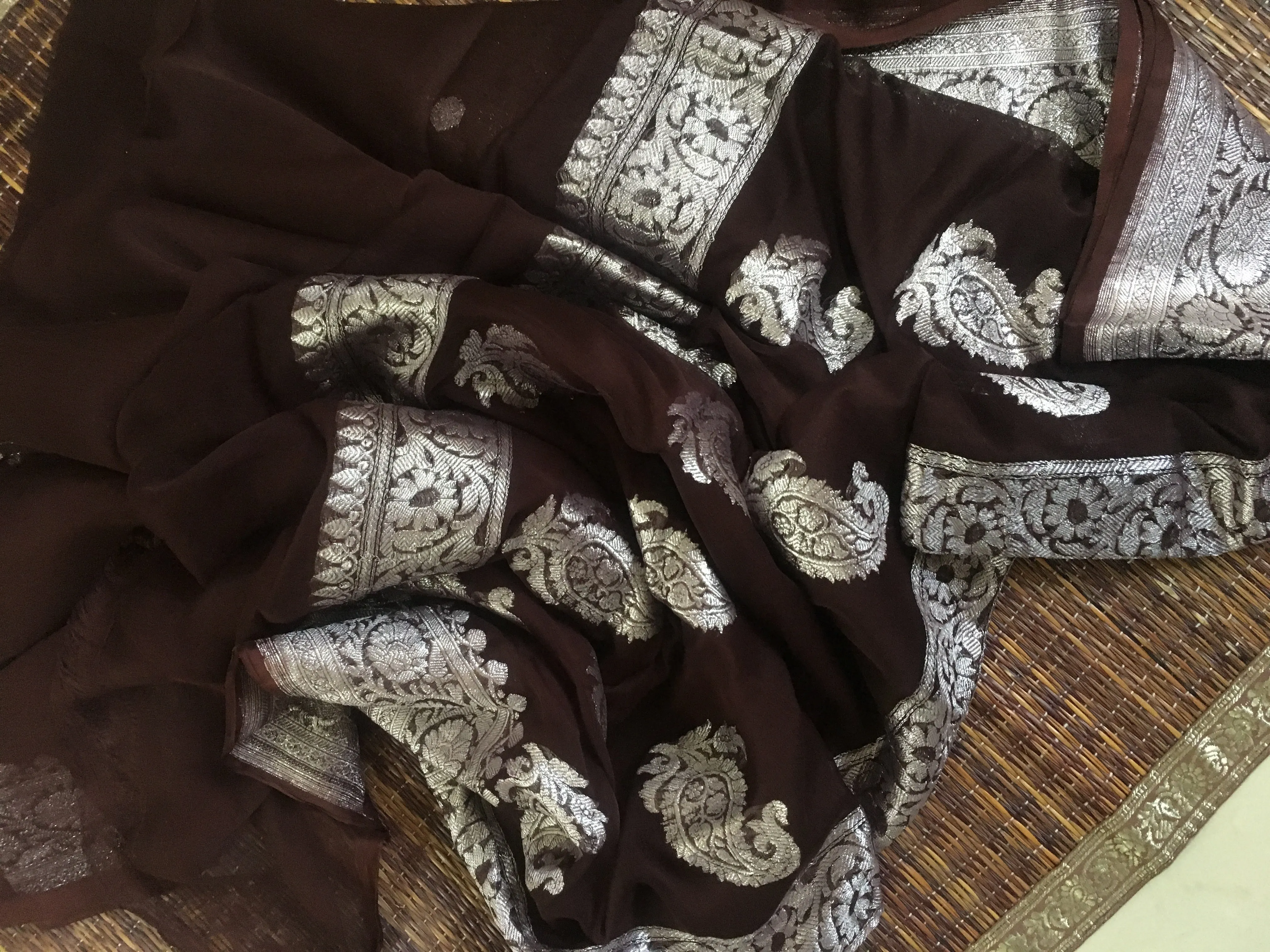 Wood Brown Banarasi Khaddi Georgette Jaal Saree