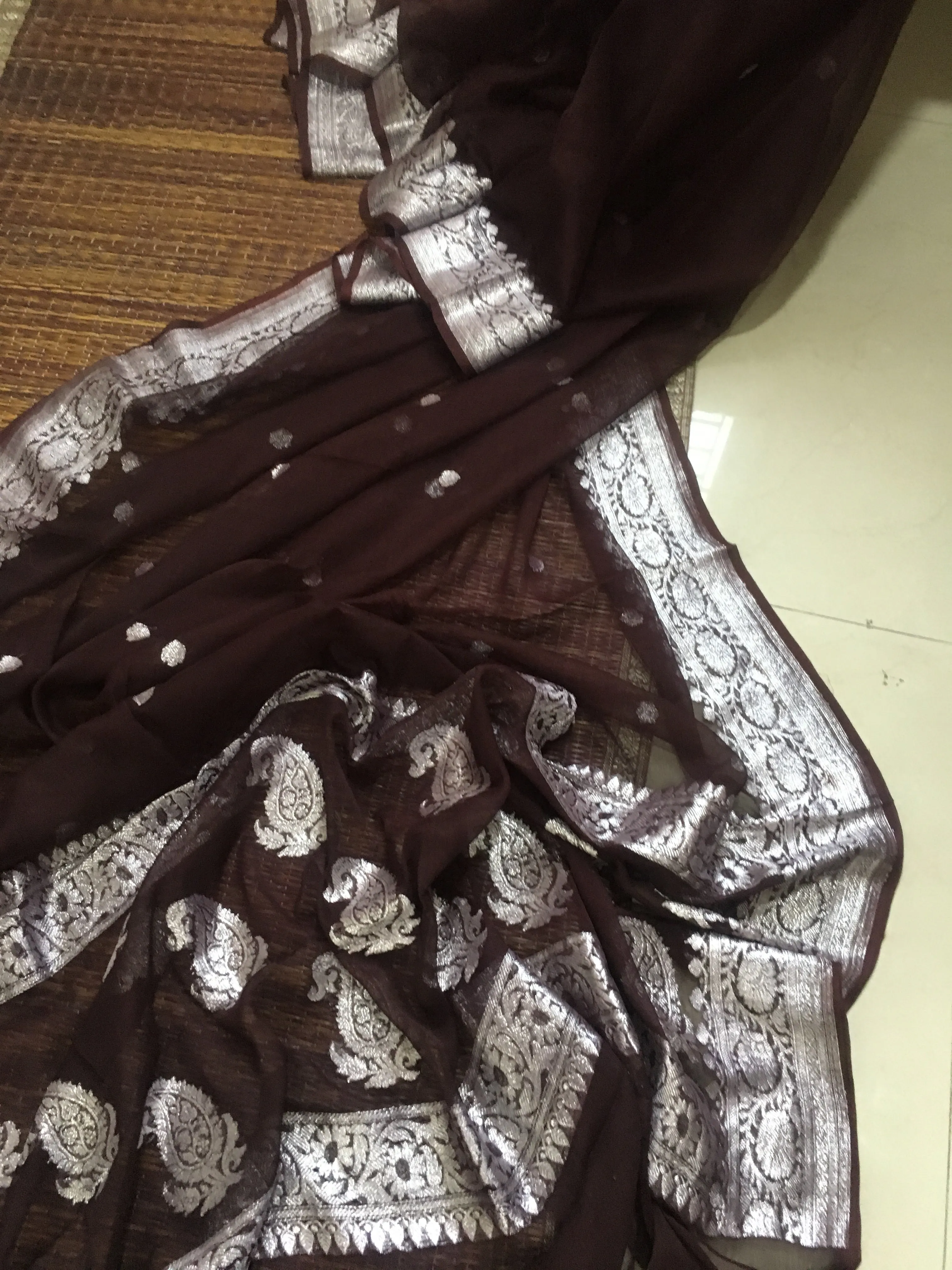 Wood Brown Banarasi Khaddi Georgette Jaal Saree