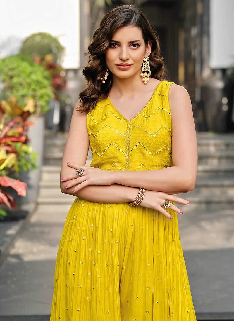 Yellow and Gold Embroidered Western Jump Suit