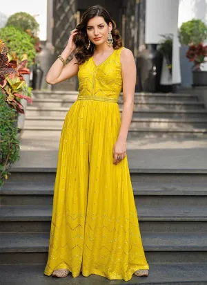 Yellow and Gold Embroidered Western Jump Suit